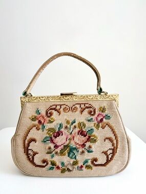 Vintage 1950s Petit Point Needlepoint Tapestry Handbag - English Garden